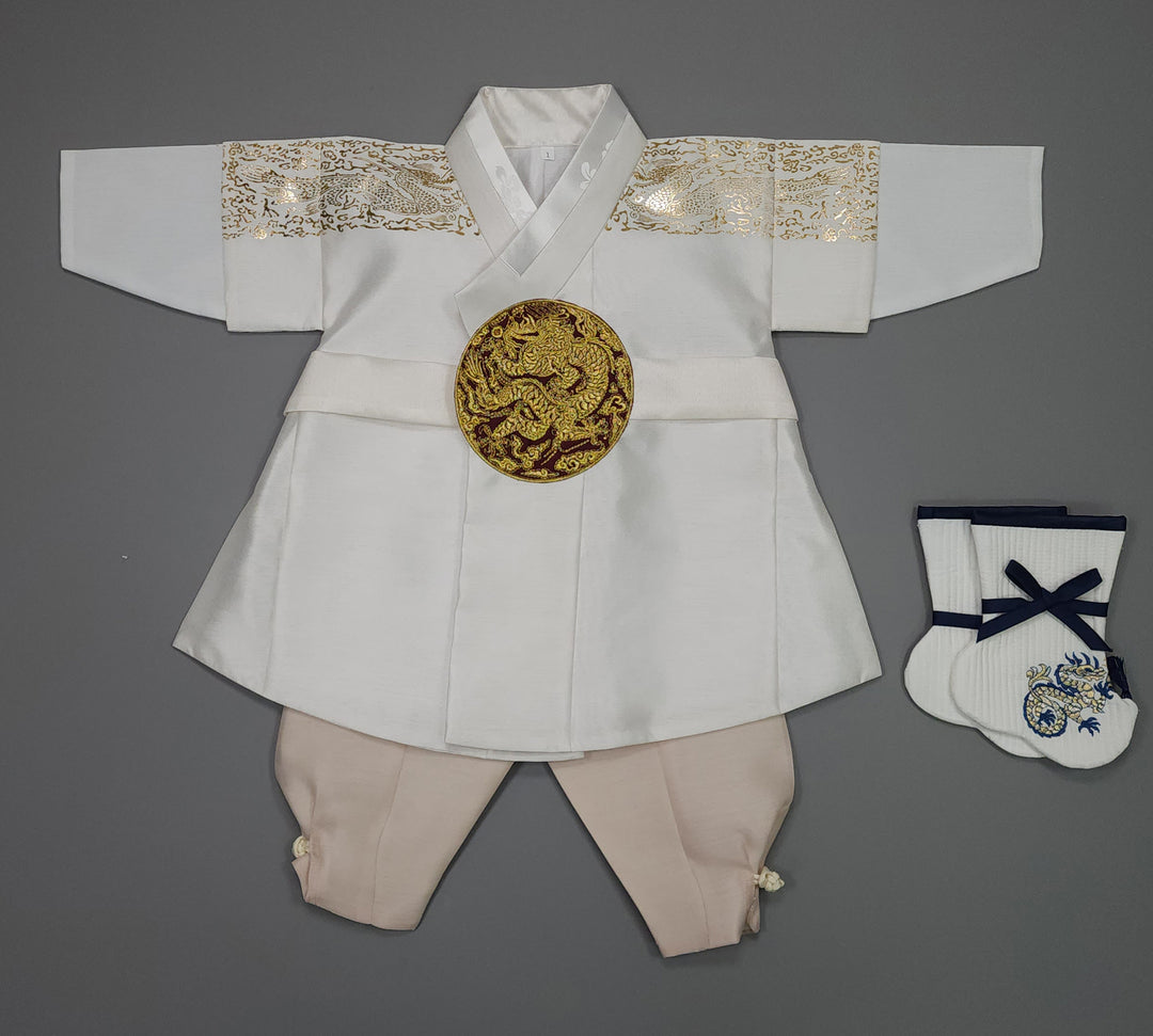 Korean Traditional Boy Baby Hanbok Dol Baikil Party Celebration 100th-10 Ages White Gold Print GHB303