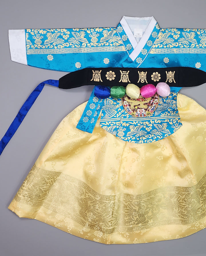Hanbok Girl Baby Korea Traditional Clothing Set First Birthday Celebration Party Celebration 1–10 Years Blue Gold Print HG119