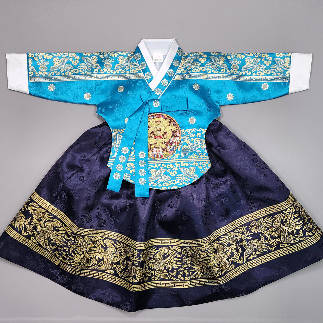 Hanbok Girl Baby Korea Traditional Clothing Set First Birthday Celebration Party Celebration 1–10 Years Blue Navy Gold Print HG115