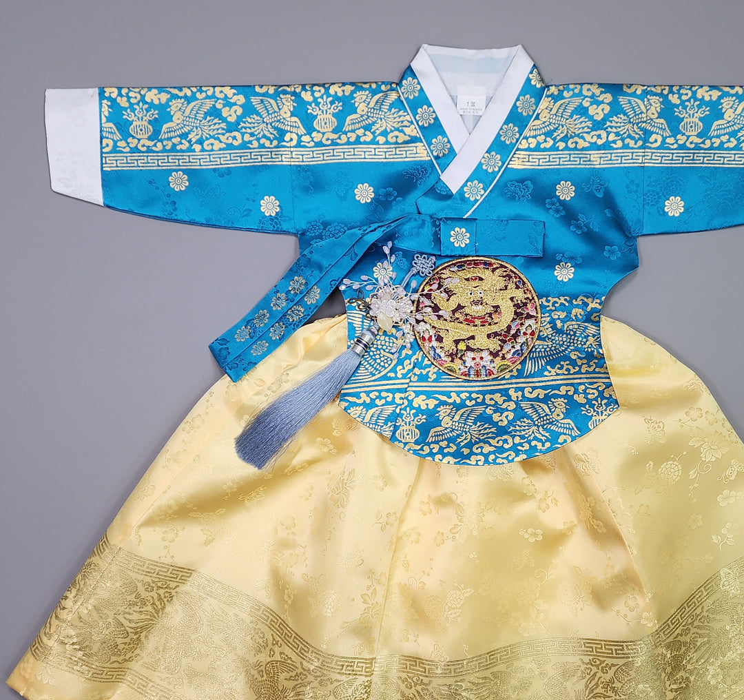 Hanbok Girl Baby Korea Traditional Clothing Set First Birthday Celebration Party Celebration 1–10 Years Blue Gold Print HG119