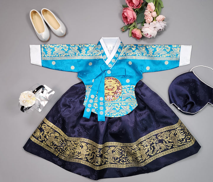 Hanbok Girl Baby Korea Traditional Clothing Set First Birthday Celebration Party Celebration 1–10 Years Blue Navy Gold Print HG115