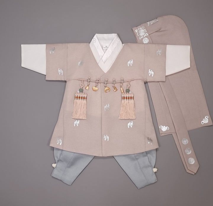 Korean Traditional Boy Baby Hanbok Dol Baikil Party Celebration 100th-10 Ages Beige Bird Silver Print HGB113