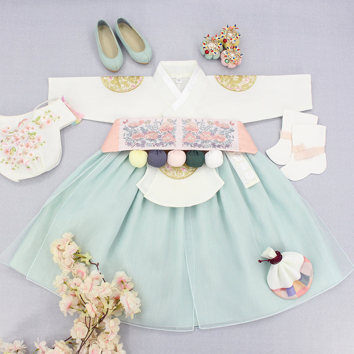 Hanbok Girl Baby Korea Traditional Clothing Set First Birthday Celebration Party 1–6 years 100th days Ivory Mint Gold Patch DGH116