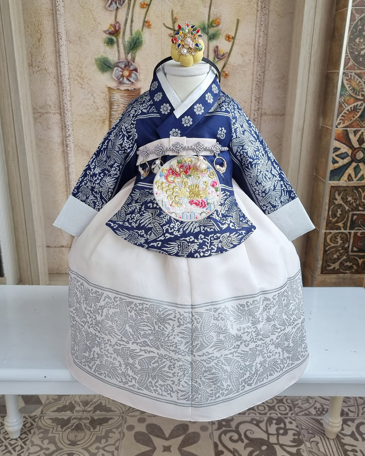 Hanbok Dress Girl Baby Korea Traditional Clothing Set First Birthday Celebration Party Celebration 1–8 Years Navy Fancy Silver Print OS208