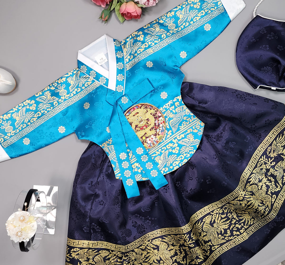 Hanbok Girl Baby Korea Traditional Clothing Set First Birthday Celebration Party Celebration 1–10 Years Blue Navy Gold Print HG115