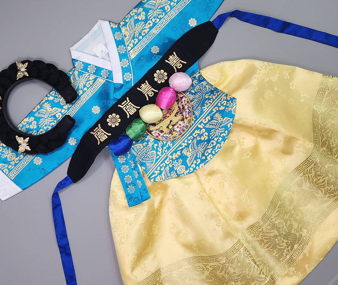 Hanbok Girl Baby Korea Traditional Clothing Set First Birthday Celebration Party Celebration 1–10 Years Blue Gold Print HG119
