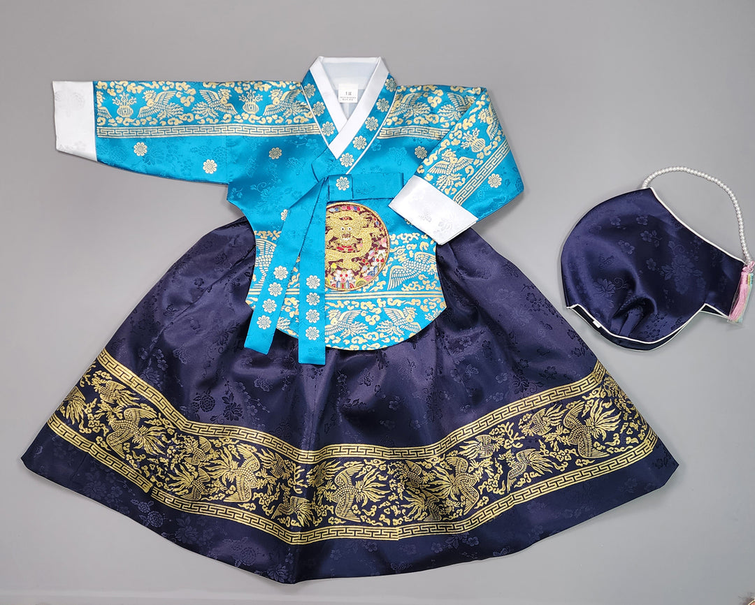 Hanbok Girl Baby Korea Traditional Clothing Set First Birthday Celebration Party Celebration 1–10 Years Blue Navy Gold Print HG115