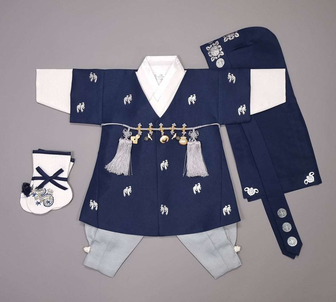 Korean Traditional Boy Baby Hanbok Dol Baikil Party Celebration 100th-10 Ages ㅠBird Silver Print HGB112