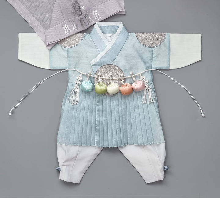 Korean Traditional Boy Baby Hanbok Dol Baikil Party Celebration 100th-10 Ages King Design Blue GHB101