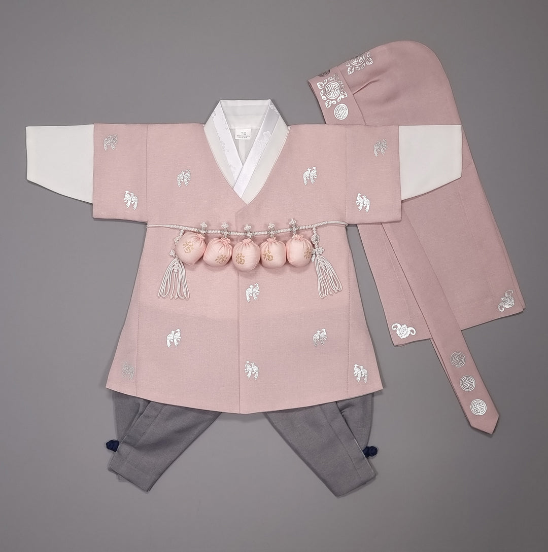 Korean Traditional Boy Baby Hanbok Dol Baikil Party Celebration 100th-10 Ages Pink Bird Silver Print HGB114