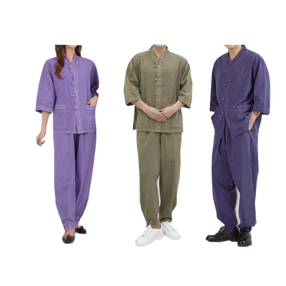 Korean Hanbok Washed Cotton Common Use Man Woman Casual Daily Clothing V Neck Open 3/4 Sleeve Jacket Pants Set JH108