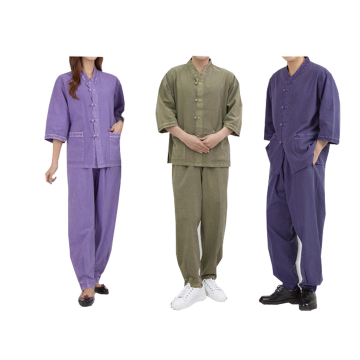 Korean Hanbok Washed Cotton Common Use Man Woman Casual Daily Clothing V Neck Open 3/4 Sleeve Jacket Pants Set JH108