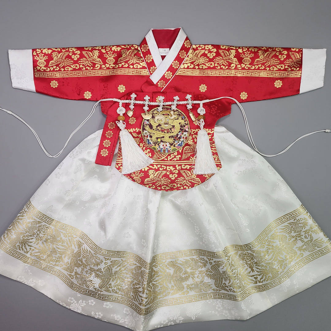 Hanbok Girl Baby Korea Traditional Clothing Set First Birthday Celebration Party Celebration 1–10 Years Red White Skirt Gold Print HG134
