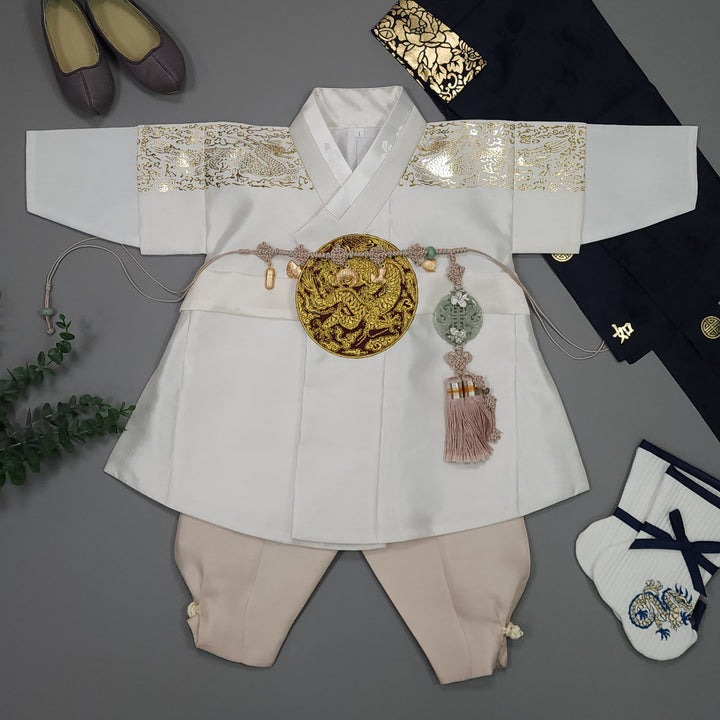 Korean Traditional Boy Baby Hanbok Dol Baikil Party Celebration 100th-10 Ages White Gold Print GHB303