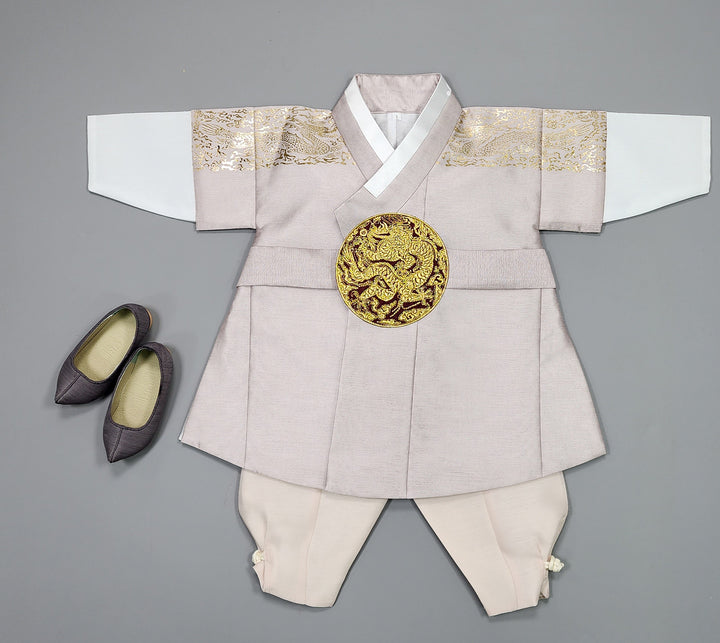 Korean Traditional Boy Baby Hanbok Dol Baikil Party Celebration 100th-10 Ages Beige Gold Print GHB304