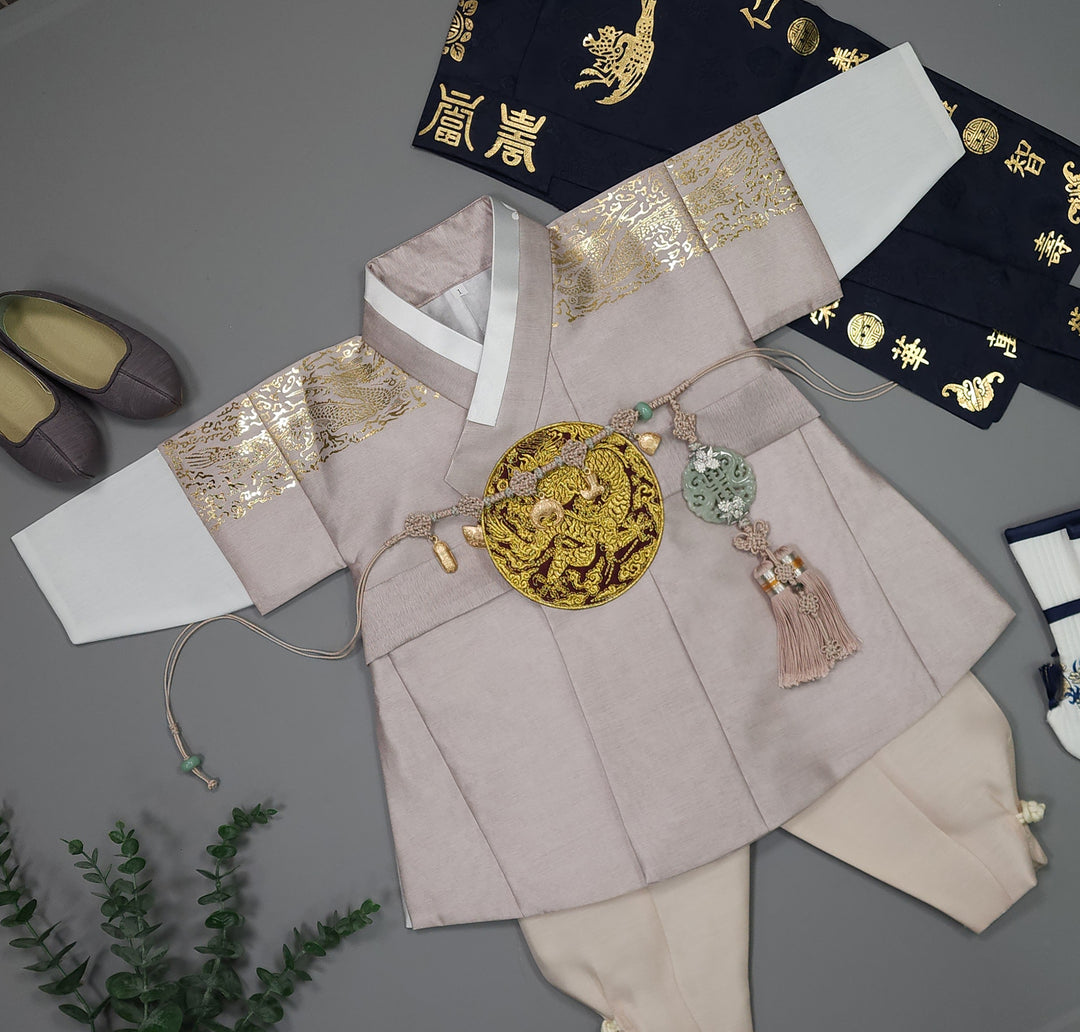 Korean Traditional Boy Baby Hanbok Dol Baikil Party Celebration 100th-10 Ages Beige Gold Print GHB304