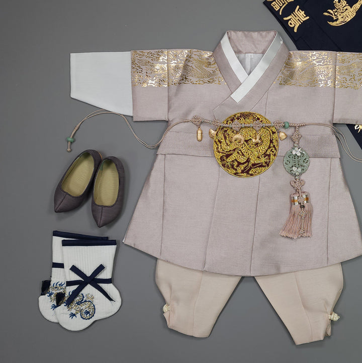 Korean Traditional Boy Baby Hanbok Dol Baikil Party Celebration 100th-10 Ages Beige Gold Print GHB304