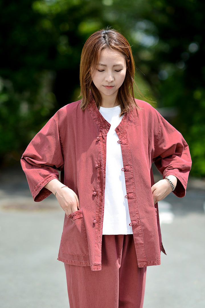 Korean Hanbok Washed Cotton Common Use Man Woman Casual Daily Clothing 3/4 Sleeve BTS 10097 Wine