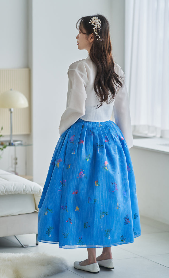 Modern Korean Daily Hanbok Top (Jeogori) – Butterfly Print, White & Blue | SSN110
