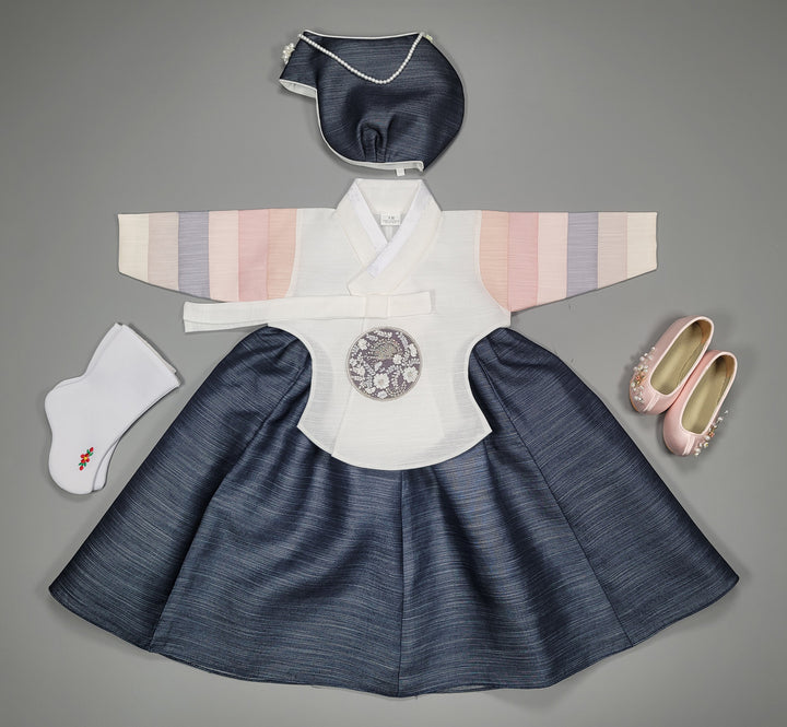 Hanbok Dress Girl Baby Korea Traditional Clothing Set First Birthday Celebration Party 100th Birth1–15 years White Navy HG155