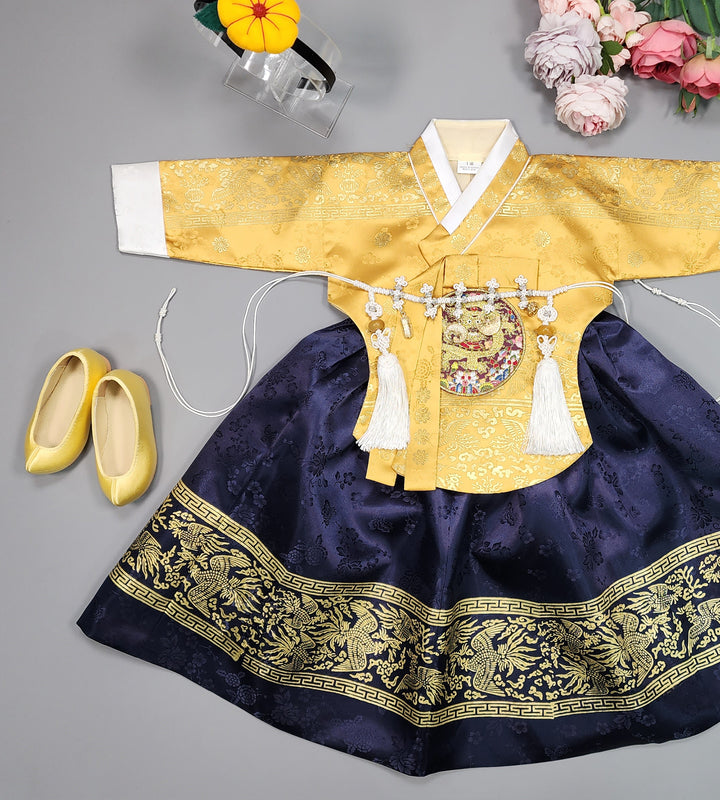 Hanbok Girl Baby Korea Traditional Clothing Set First Birthday Celebration Party Celebration 1–10 Years Gold Navy Gold Print HG116
