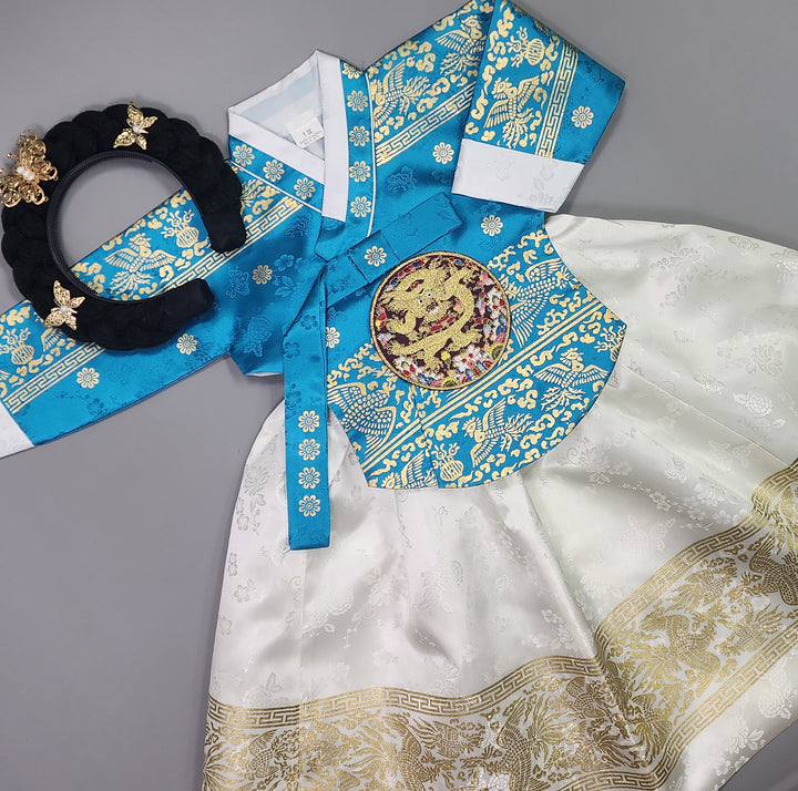 Hanbok Girl Baby Korea Traditional Clothing Set First Birthday Celebration Party Celebration 1–10 Years Blue White Skirt Gold Print HG135