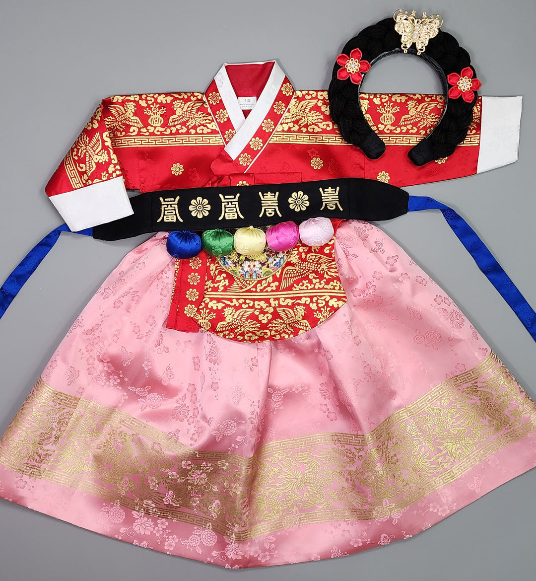 Hanbok Girl Baby Korea Traditional Clothing Set First Birthday Celebration Party Celebration 1–10 Years Red Pink Skirt Gold Print HG126