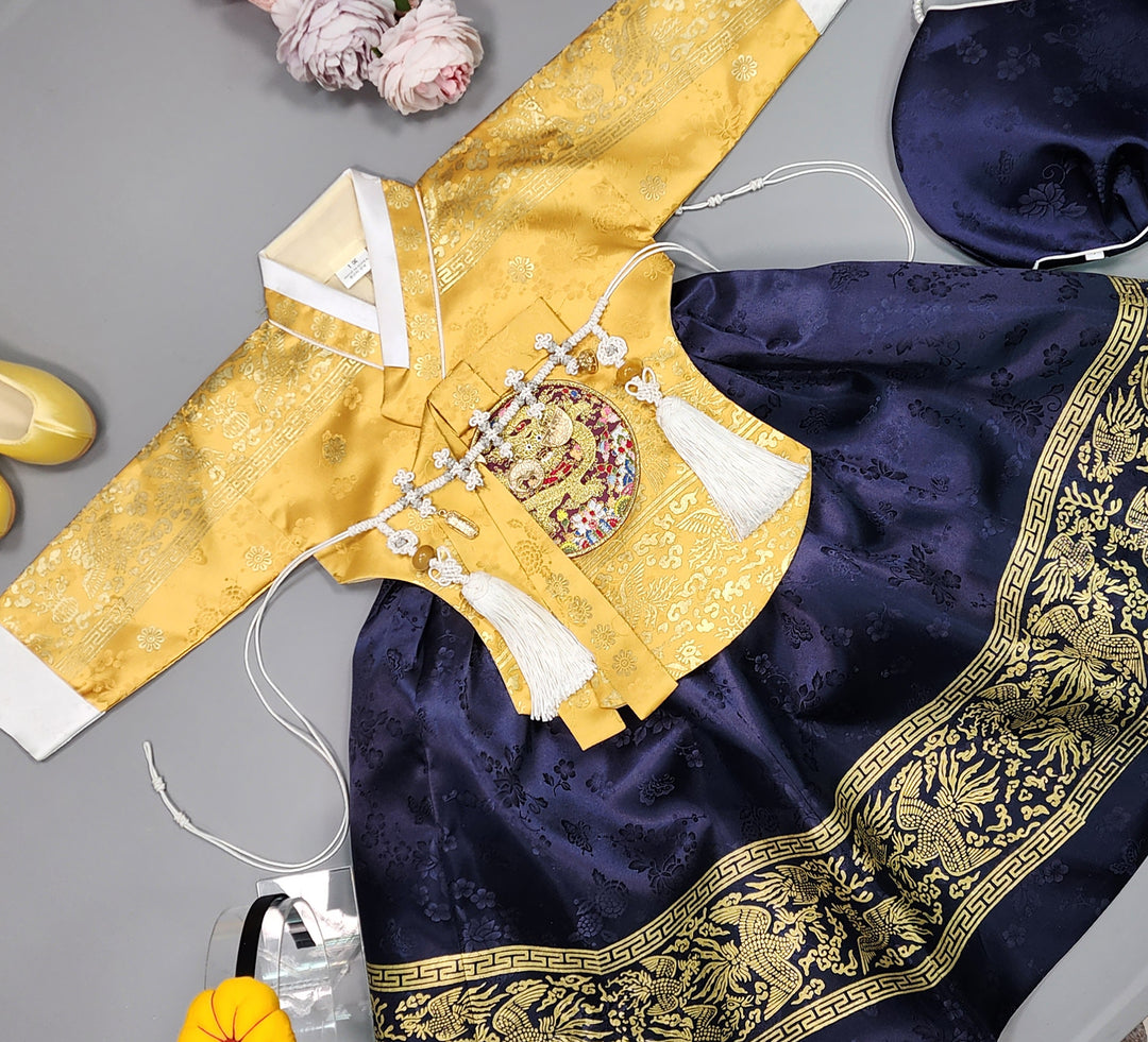 Hanbok Girl Baby Korea Traditional Clothing Set First Birthday Celebration Party Celebration 1–10 Years Gold Navy Gold Print HG116