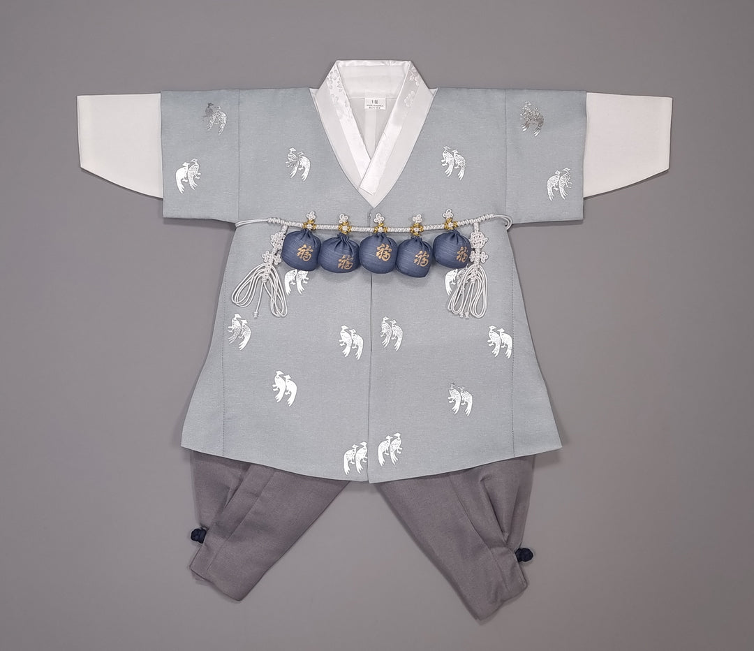 Korean Traditional Boy Baby Hanbok Dol Baikil Party Celebration 100th-10 Ages Blue Bird Silver Print HGB115