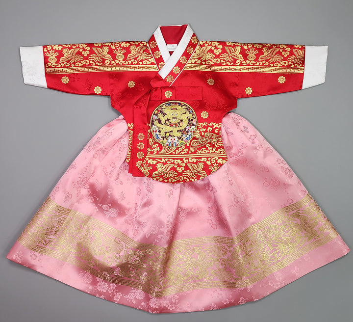 Hanbok Girl Baby Korea Traditional Clothing Set First Birthday Celebration Party Celebration 1–10 Years Red Pink Skirt Gold Print HG126