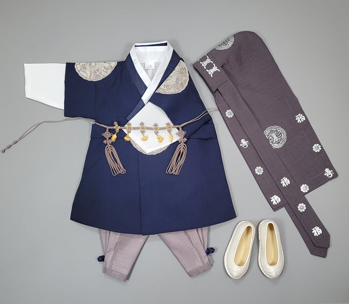 Korean Traditioanl Boy Baby Hanbok Dol Baikil Party Celebration 100th-8 Ages Navy Kings Design