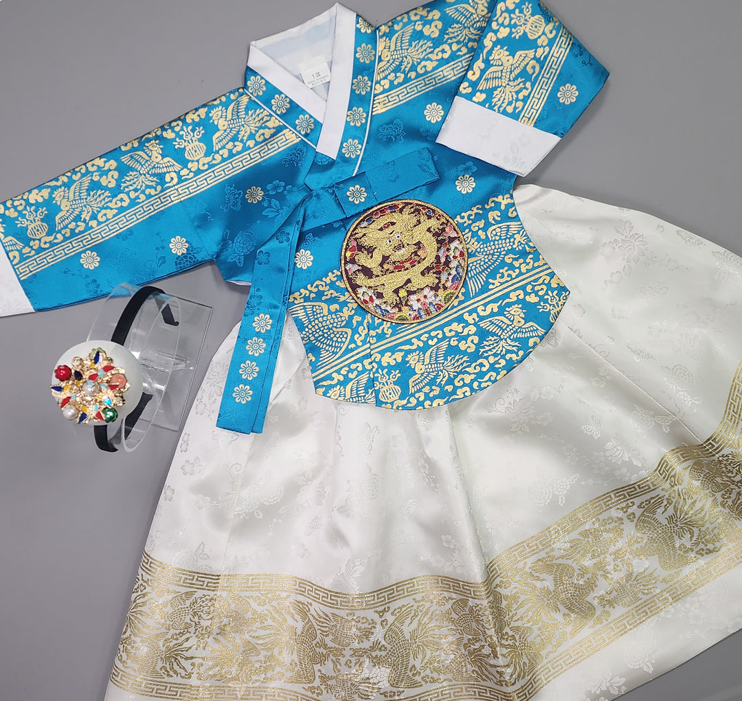 Hanbok Girl Baby Korea Traditional Clothing Set First Birthday Celebration Party Celebration 1–10 Years Blue White Skirt Gold Print HG135