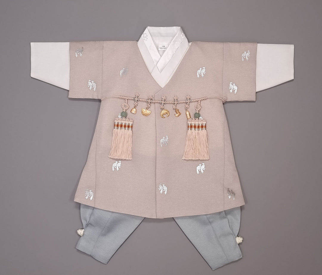 Korean Traditional Boy Baby Hanbok Dol Baikil Party Celebration 100th-10 Ages Beige Bird Silver Print HGB113