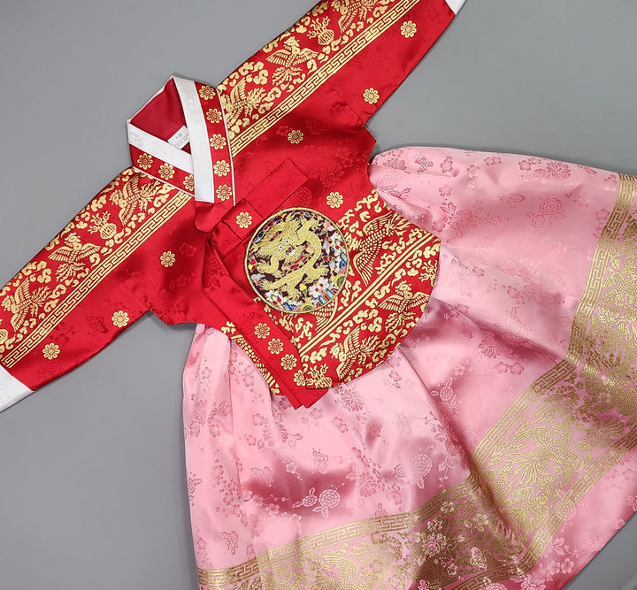 Hanbok Girl Baby Korea Traditional Clothing Set First Birthday Celebration Party Celebration 1–10 Years Red Pink Skirt Gold Print HG126