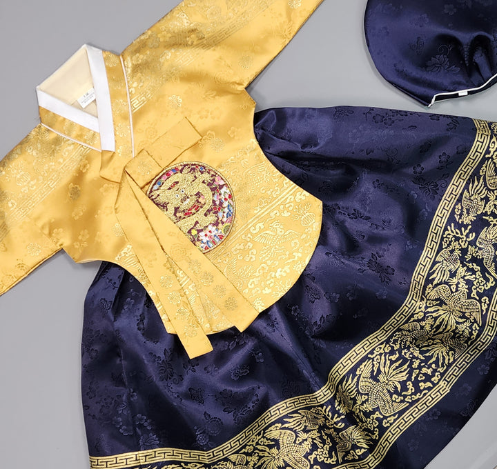Hanbok Girl Baby Korea Traditional Clothing Set First Birthday Celebration Party Celebration 1–10 Years Gold Navy Gold Print HG116