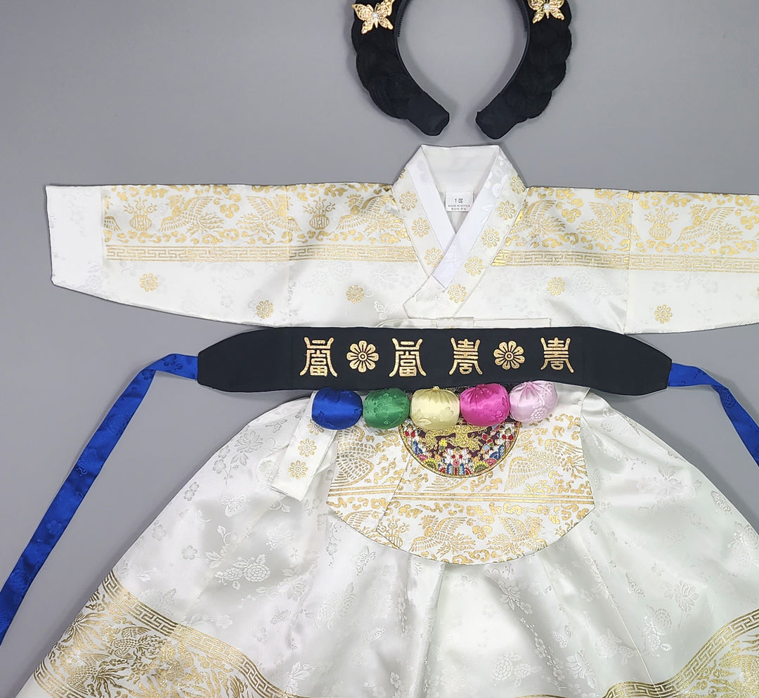 Hanbok Girl Baby Korea Traditional Clothing Set First Birthday Celebration Party Celebration 1–10 Years White Skirt Gold Print HG136