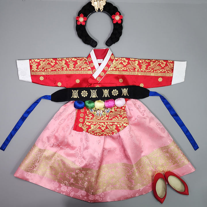 Hanbok Girl Baby Korea Traditional Clothing Set First Birthday Celebration Party Celebration 1–10 Years Red Pink Skirt Gold Print HG126