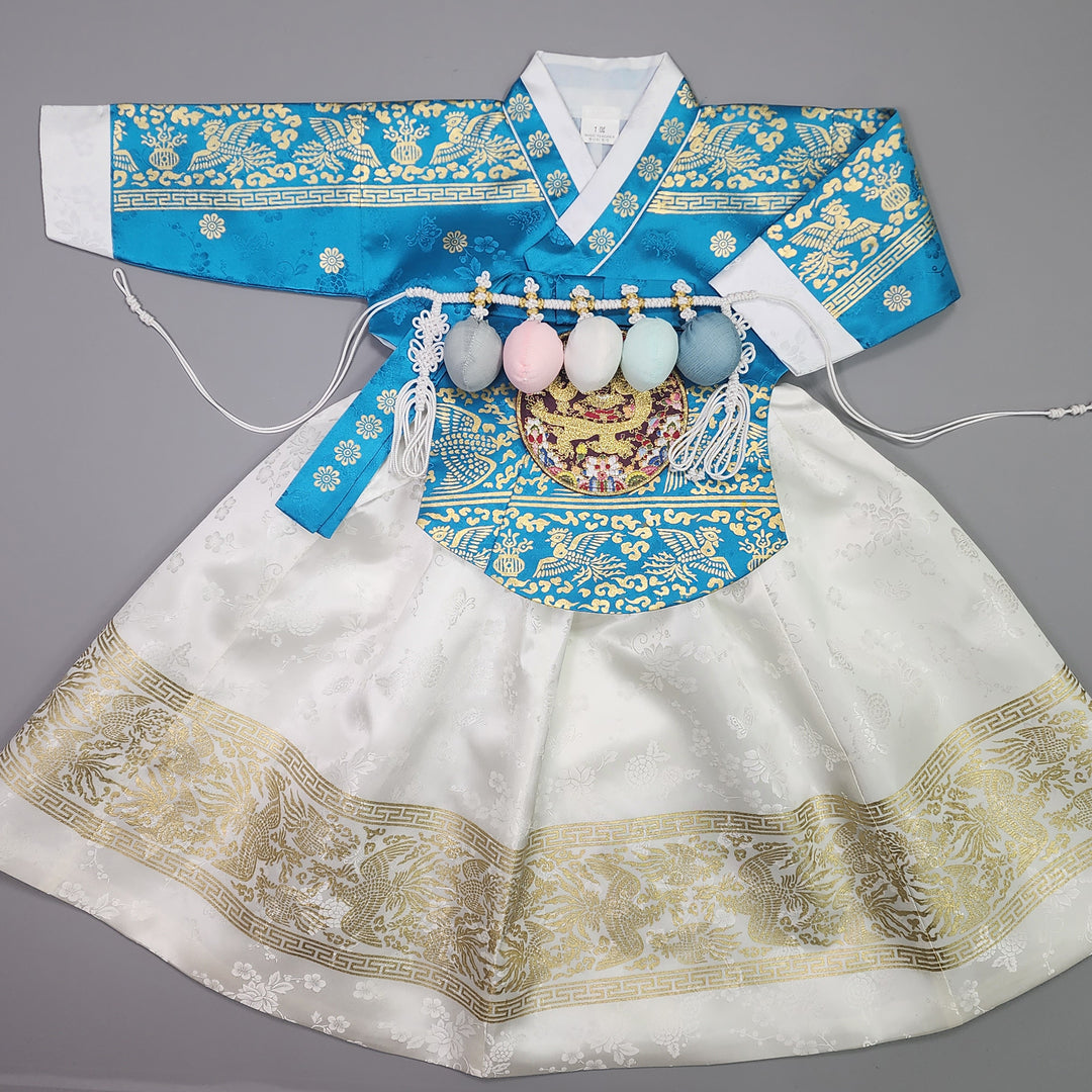 Hanbok Girl Baby Korea Traditional Clothing Set First Birthday Celebration Party Celebration 1–10 Years Blue White Skirt Gold Print HG135