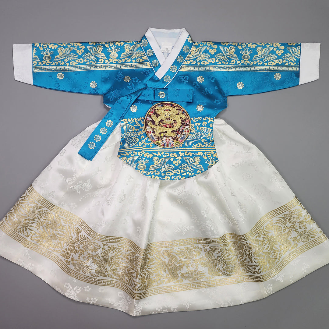 Hanbok Girl Baby Korea Traditional Clothing Set First Birthday Celebration Party Celebration 1–10 Years Blue White Skirt Gold Print HG135