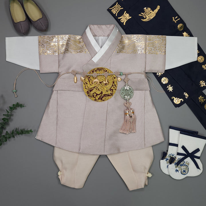 Korean Traditional Boy Baby Hanbok Dol Baikil Party Celebration 100th-10 Ages Beige Gold Print GHB304