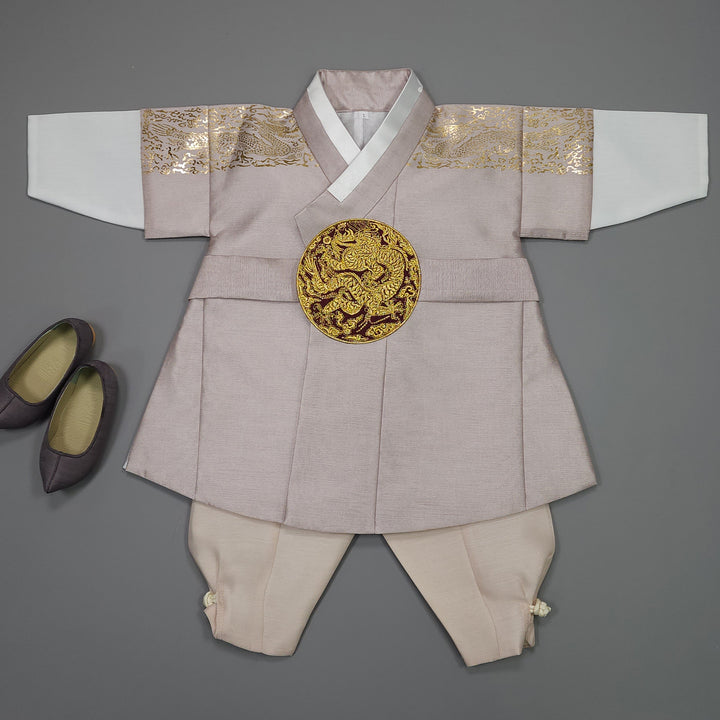 Korean Traditional Boy Baby Hanbok Dol Baikil Party Celebration 100th-10 Ages Beige Gold Print GHB304