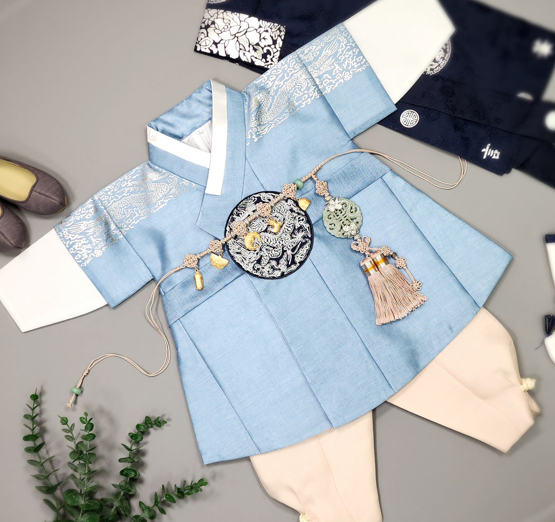 Korean Traditional Boy Baby Hanbok Dol Baikil Party Celebration 100th-10 Ages Blue Silver Print GHB305