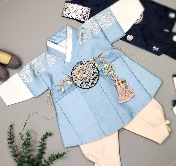 Korean Traditional Boy Baby Hanbok Dol Baikil Party Celebration 100th-10 Ages Blue Silver Print GHB305