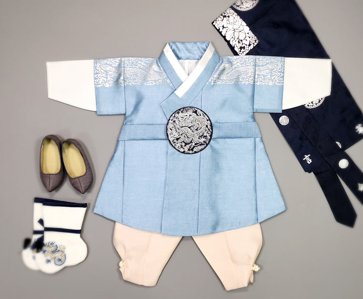 Korean Traditional Boy Baby Hanbok Dol Baikil Party Celebration 100th-10 Ages Blue Silver Print GHB305