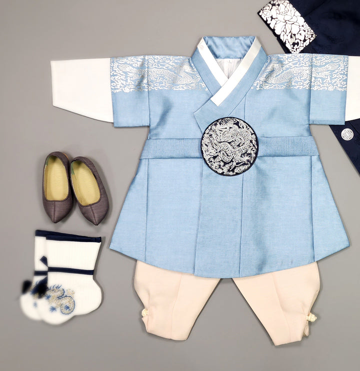 Korean Traditional Boy Baby Hanbok Dol Baikil Party Celebration 100th-10 Ages Blue Silver Print GHB305