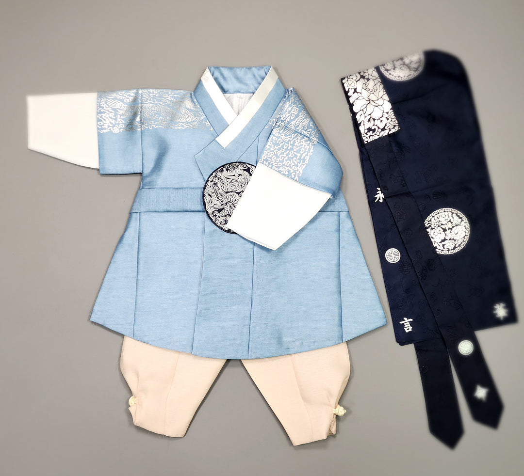 Korean Traditional Boy Baby Hanbok Dol Baikil Party Celebration 100th-10 Ages Blue Silver Print GHB305