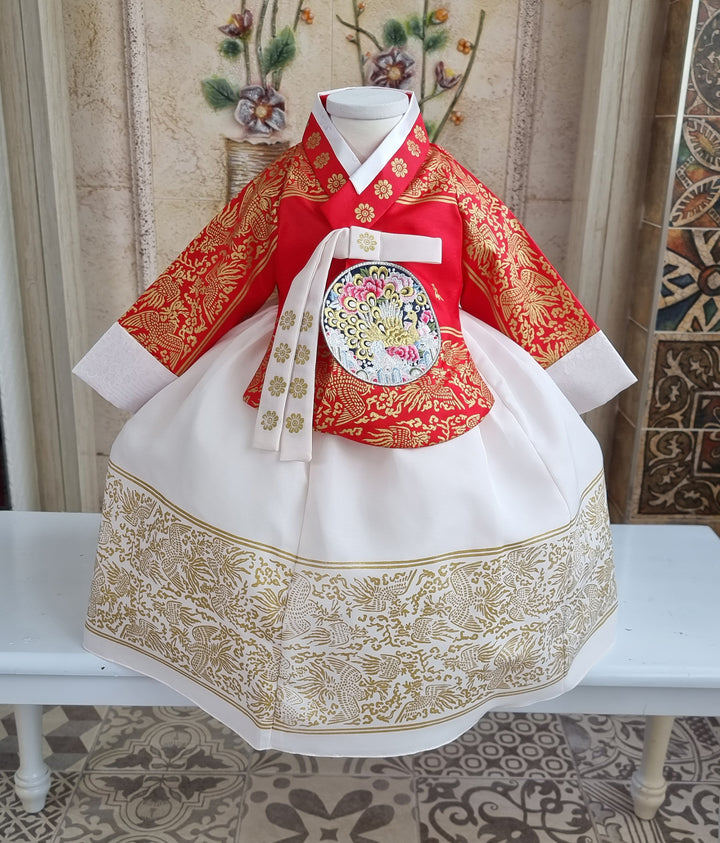 Hanbok Dress Girl Baby Korea Traditional Clothing Set First Birthday Celebration Party Celebration 1–8 Years Red Fancy Gold Print OS207