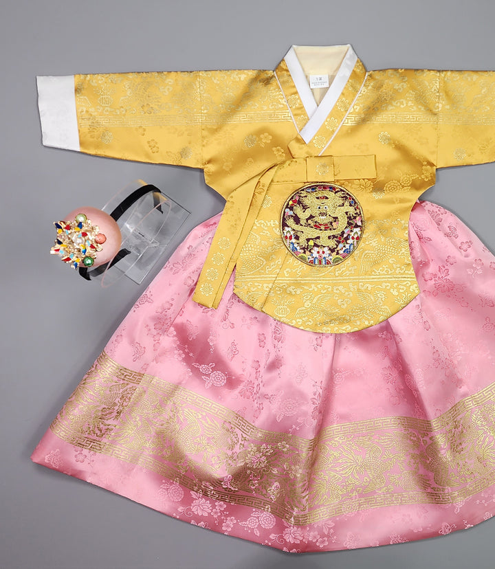 Hanbok Girl Baby Korea Traditional Clothing Set First Birthday Celebration Party Celebration 1–10 Years Gold Pink Skirt Gold Print HG125