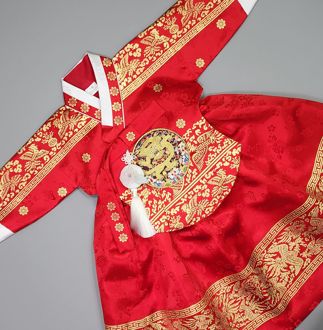 Hanbok Girl Baby Korea Traditional Clothing Set First Birthday Celebration Party Celebration 1–10 Years Red Skirt Gold Print HG130