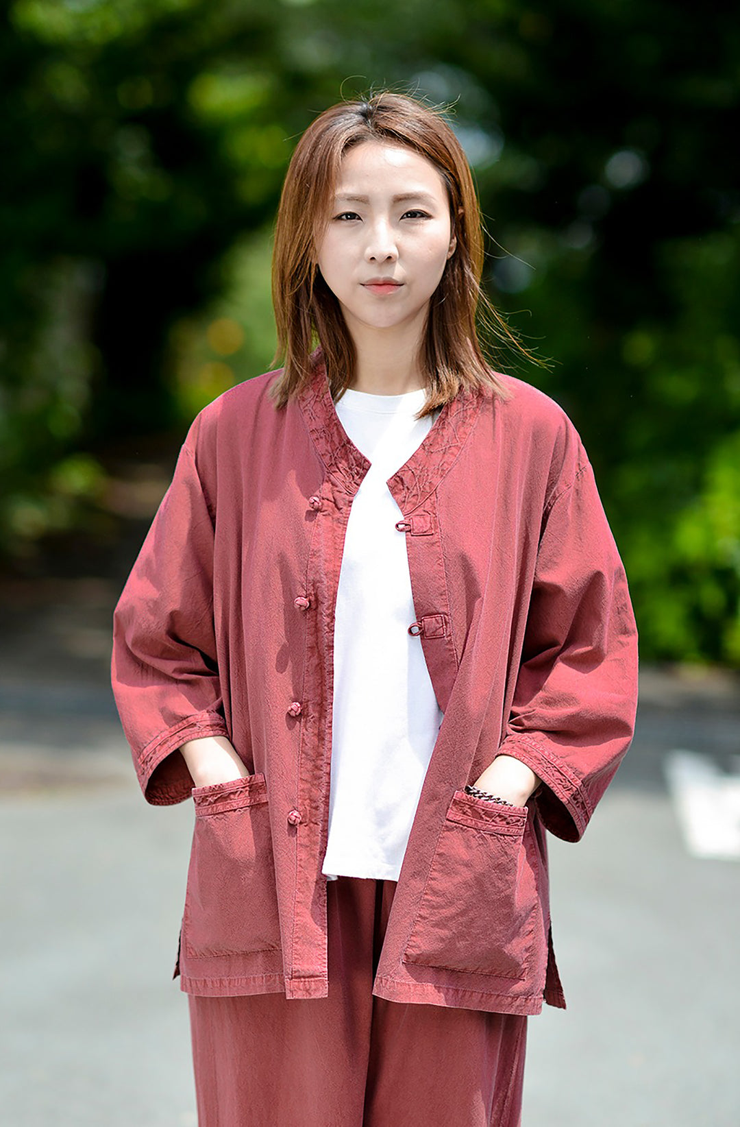 Korean Hanbok Washed Cotton Common Use Man Woman Casual Daily Clothing 3/4 Sleeve BTS 10097 Wine
